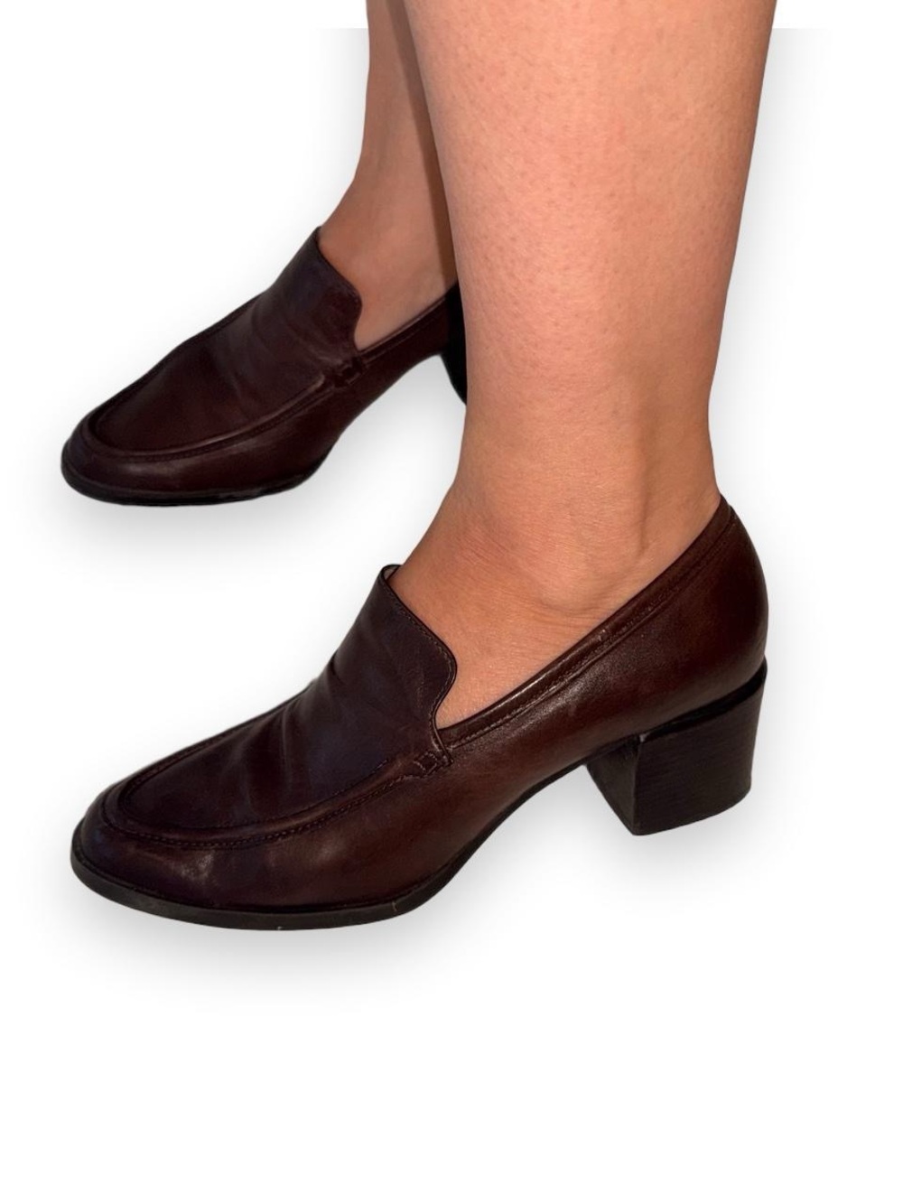 Enzo Angiolini Classic Brown Leather Block Heel Loafers - Women - 8.5